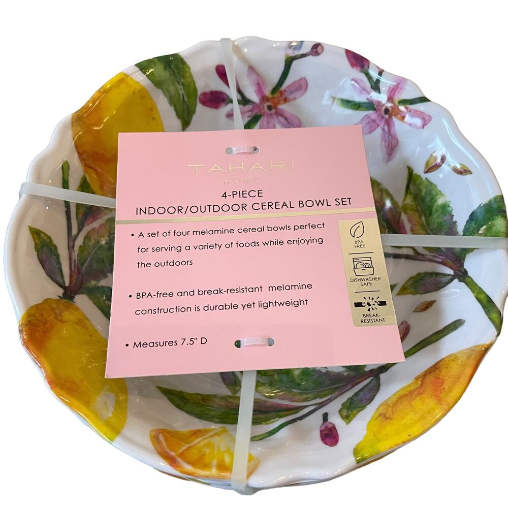 TAHARI 4 pc Melamine 7.5in Cereal Bowl Set Pop of Color Tropical Floral NEW